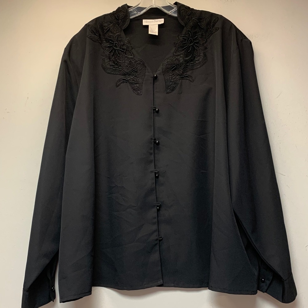 Maggie Barnes Blouse Womens 28W Black Excellent Embroidered Beaded Long Sleeve